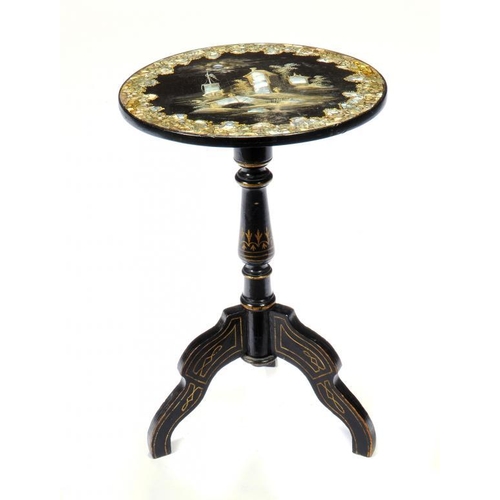 1371 - A VICTORIAN PAPIER M�CH� TRIPOD TABLE, C1860  with mother of pearl and painted decoration, 60cm h, 4... 