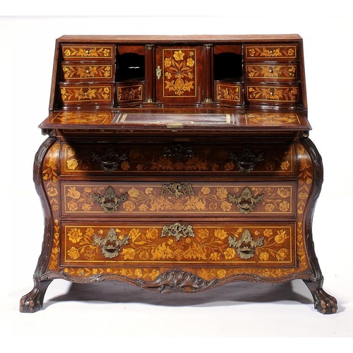 1372 - A DUTCH WALNUT, MARQUETRY AND CARVED BUREAU, DATED '1687', 19TH  C  the stepped serpentine interior ... 