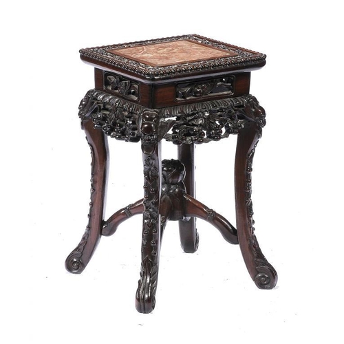 1377 - A CHINESE  ROSEWOOD VASE STAND CARVED WITH PRUNUS, LATE 19TH C  stone inset top, 45cm h; 26 x 26cm ... 