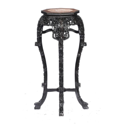 1378 - A CHINESE  ROSEWOOD VASE STAND, LATE 19TH C  stone inset top, 90cm h; 30 x 30cm 