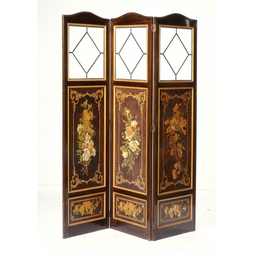 1382A - A VICTORIAN POLYCHROME DECORATED MAHOGANY THREE FOLD SCREEN, C1900  with leaded and bevelled glazed ... 