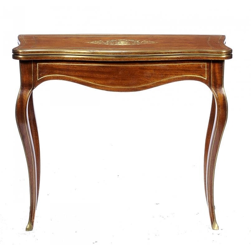 1382C - A FRENCH BRASS INLAID MAHOGANY SERPENTINE CARD TABLE, C1870 with brass mouldings, 73cm h; 44 x 85cm ... 