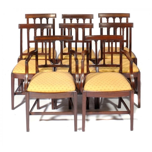 1382J - EIGHT MAHOGANY DINING CHAIRS, C1820-30 with three palmette carved stick splats, 88 and 89cm h ... 