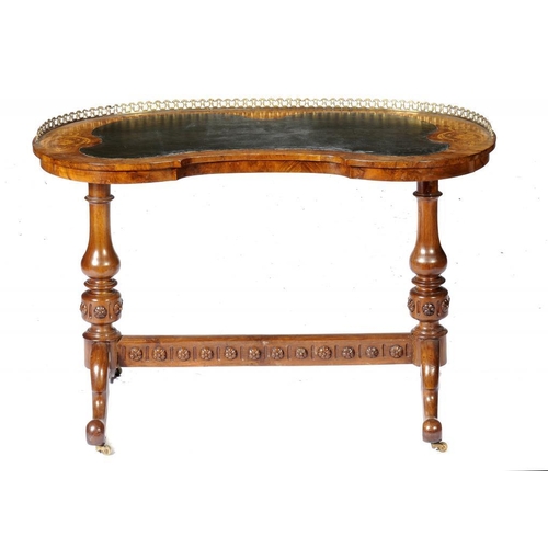 1382L - A VICTORIAN WALNUT AND INLAID KIDNEY SHAPED WRITING TABLE, C1860  with gilt brass gallery, 76cm h; 4... 