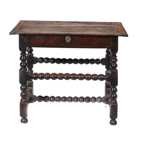 1383 - A CHARLES II OAK SIDE TABLE, C1680   the top with cleated ends, the drawer lined in fruitwood, the l... 