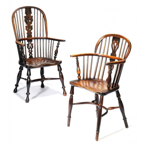 1384 - TWO VICTORIAN YEW WOOD WINDSOR CHAIRS, EAST MIDLANDS REGION, C1860  with elm seat, 90 and 109cm h... 