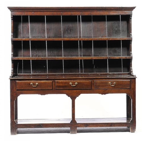 1385 - A GEORGE III OAK DRESSER, 18TH C AND LATER  fitted with three moulded drawers, 179cm h; 46 x 186cm... 