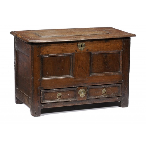 1387 - A WELSH OAK COFFOR BACH, 18TH C  with panelled lid, front and drawer, 47cm h; 37 x 72cm... 