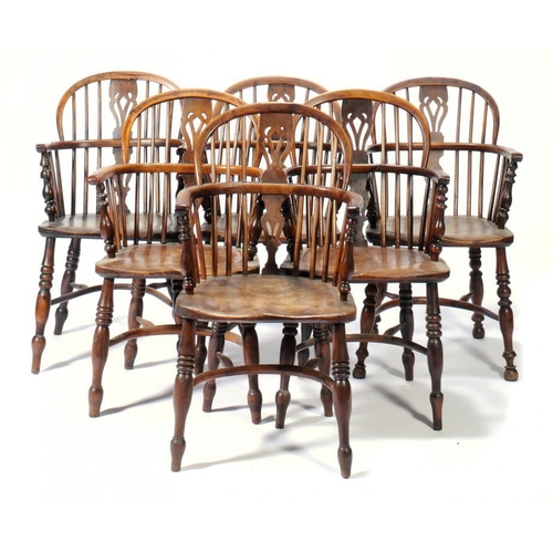 1391 - SIX SIMILAR VICTORIAN YEW WOOD WINDSOR CHAIRS, EAST MIDLANDS REGION, C1850  with elm seats, 90-91cm ... 