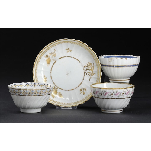 63 - THREE CAUGHLEY TEA BOWLS AND A SAUCER, C1792-95   various patterns and sizes, saucer with gilder's l... 