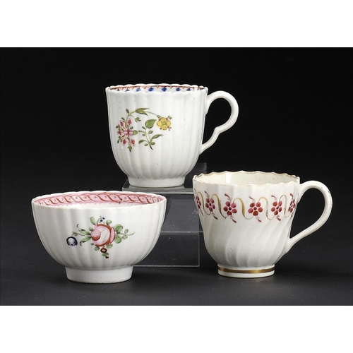 68 - A CAUGHLEY POLYCHROME TEA BOWL AND TWO COFFEE CUPS, C1792-95  in the Pink Rim and Roses, Dahlia and ... 