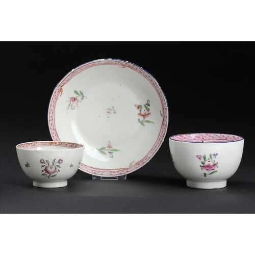 69 - A CAUGHLEY POLYCHROME TEA BOWL AND SAUCER AND SMALLER MATCHING TEA BOWL, C1792-95 enamelled with the... 