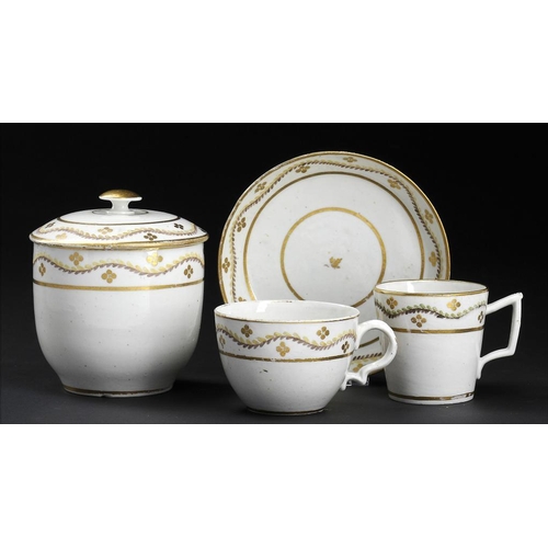 75 - A CAUGHLEY POLYCHROME SUCRIER AND COVER AND TWO MATCHING CUPS AND A SAUCER, C1795 with undulating ri... 