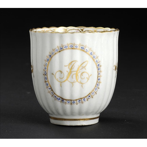 77 - A CAUGHLEY COFFEE CUP OF RARE SHAPE FROM AN INITIALLED SERVICE, C1795  enamelled with the Salopian C... 