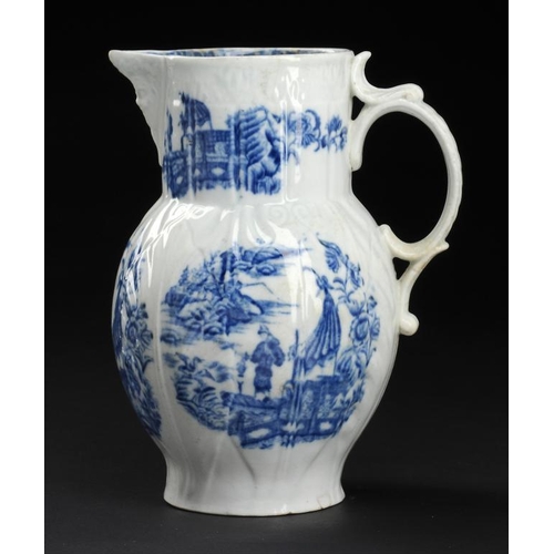 83 - A CAUGHLEY BLUE AND WHITE MASK JUG, C1796-99  printed with the Fisherman pattern, 20cm hExhibited: 1... 