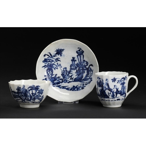 97 - A CALCUT BLUE AND WHITE FLUTED TRIO, C1794-96  printed with the Bell Toy or Mother and Child pattern... 