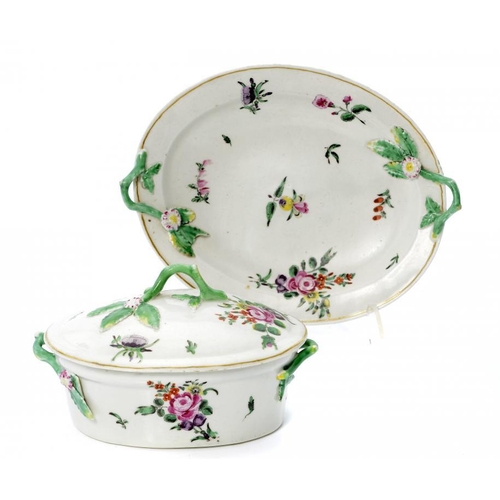 183 - A WORCESTER OVAL BUTTER TUB, COVER AND STAND,  C1770    stand 19cm over handles