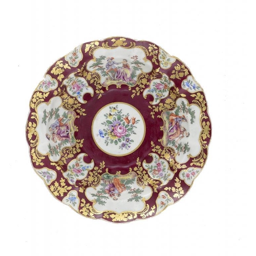 185 - A WORCESTER DESSERT DISH, THE PORCELAIN C1775-80  redecorated with claret ground and Giles type gild... 