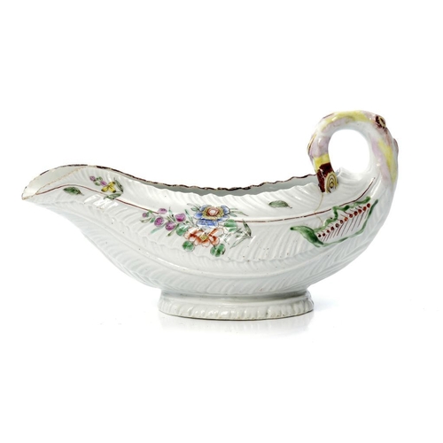 187 - A   DERBY LEAF MOULDED SAUCE BOAT, C1758-60 painted in polychrome with flower sprays and sprigs, 18.... 