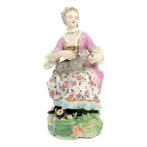 189 - A DERBY FIGURE OF A LADY WITH A CAT, C1770  12.5cm h, incised G and N51