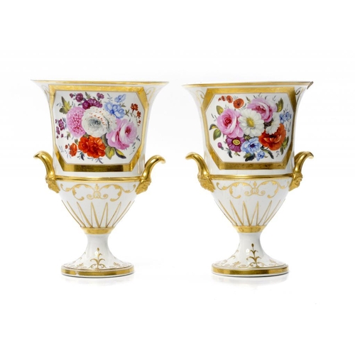 193 - A PAIR OF ENGLISH PORCELAIN CAMPANA SHAPED VASES ATTRIBUTED TO MINTON, C1815   boldly painted with a... 