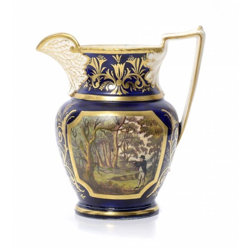 202 - AN H & R DANIEL SPORTING JUG, C1825  painted with panels of an angler or sportman with a gun in a wo... 