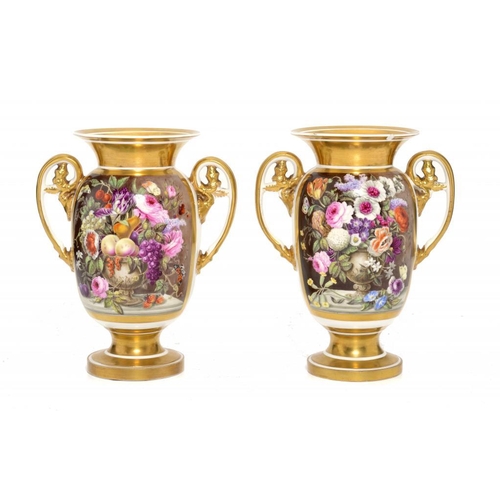 212 - A PAIR OF SPODE NEW SHAPE FRENCH JARS, C1815-20 painted with flower filled urns, one also with fruit... 