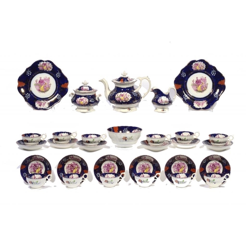 214 - A STAFFORDSHIRE PORCELAIN VICTORIA AND ALBERT  CLASS TEA SERVICE, c1840 with puce transfer Victoria ... 