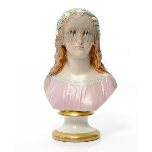 223 - A   ROYAL WORCESTER GLAZED PARIAN WARE BUST OF THE VEILED BRIDE, 1867 27.5cm h, printed mark... 