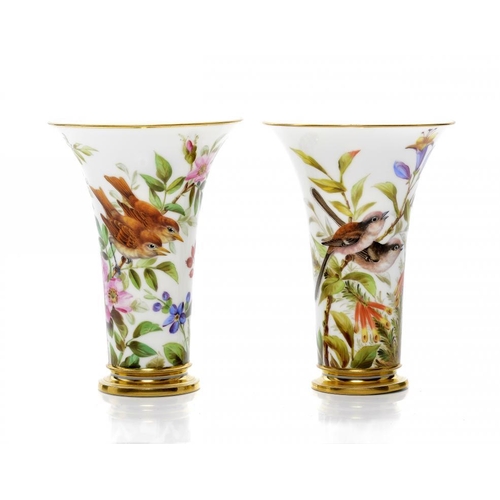 226 - A PAIR OF COALPORT SPILL VASES, C1880  painted with birds and blossom, 11.5cm h, printed mark, patte... 