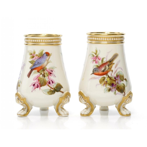 227 - A PAIR OF ROYAL WORCESTER NEW THREE CLAW SPILL VASES, 1881    painted by John Hopewell with three bi... 