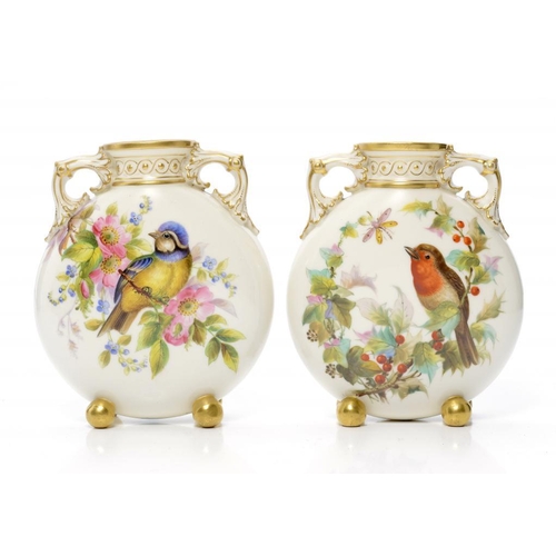 228 - A PAIR OF ROYAL WORCESTER PILGRIM FLASKS, 1881 painted to both sides by John Hopewell with birds and... 