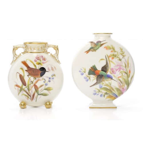 229 - TWO ROYAL WORCESTER PILGRIM FLASKS, 1878 AND 1879    painted to both sides by John Hopewell with bir... 