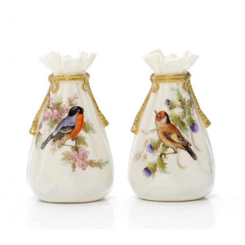 230 - A PAIR OF ROYAL WORCESTER SACK SHAPED SPILL VASES, 1881  painted by John Hopewell with birds on bran... 