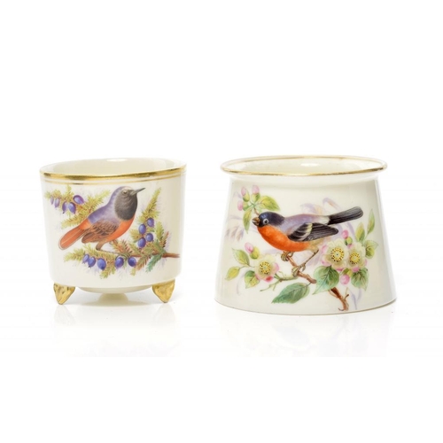 232 - TWO ROYAL WORCESTER VIOLET POTS, 1881 AND 1882  painted by John Hopewell with birds in branches, 6 a... 