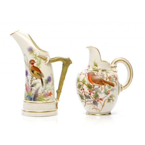 238 - A ROYAL WORCESTER FLAT BACKED JUG AND A  TUSK ICE JUG, 1887 AND 1888  painted with birds in branches... 