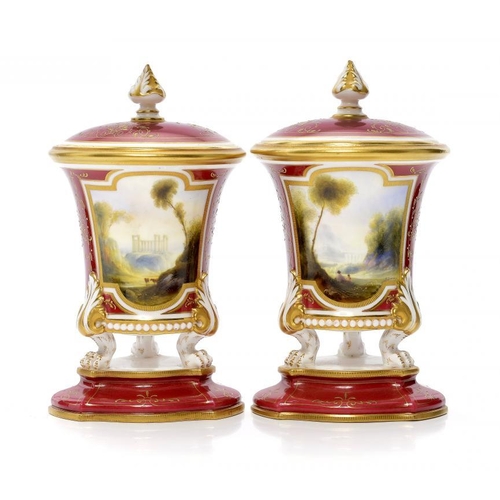 240 - A PAIR OF ROYAL WORCESTER CLARET GROUND VASES AND COVERS, 1912  painted by H Davis, both signed, in ... 