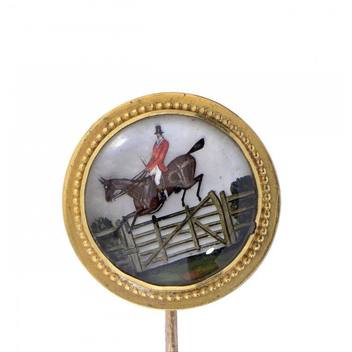 472 - A VICTORIAN REVERSE PAINTED CRYSTAL INTAGLIO AND GOLD STICKPIN, C1880  terminal 23cm diam... 