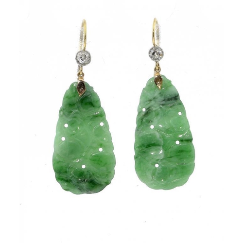 474 - A PAIR OF CHINESE CARVED JADEITE AND DIAMOND EARRINGS  mounted in gold, 6.7g