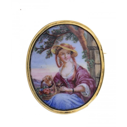 475 - A GOLD BROOCH, POSSIBLY LATE 19TH C  set with a 19th c porcelain miniature, printed and painted with... 