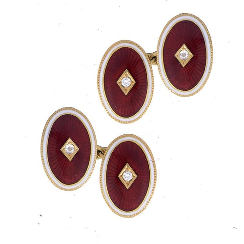 478 - A PAIR OF DIAMOND AND 18CT GOLD AND CHERRY RED GUILLOCHE ENAMEL CUFFLINKS, C1930 with white enamel b... 