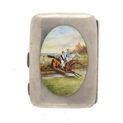 480 - STEEPLE CHASING.  A VICTORIAN SILVER AND ENAMEL CIGARETTE CASE  8.5cm w, by Rolason Bros, Birmingham... 