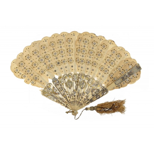 483 - A FRENCH BONE BRIS� FAN, 19TH C  with gilt and silvered sticks and silk leaf, mother of pearl rivet,... 