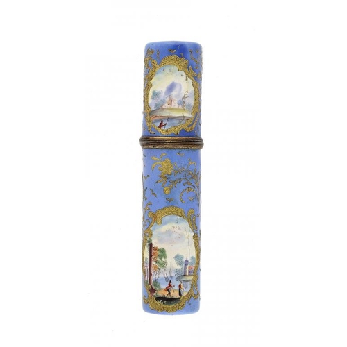 489 - A SOUTH STAFFOFRDSHIRE ENAMEL LAVENDER BLUE GROUND BODKIN CASE AND COVER, C1780    painted in polych... 