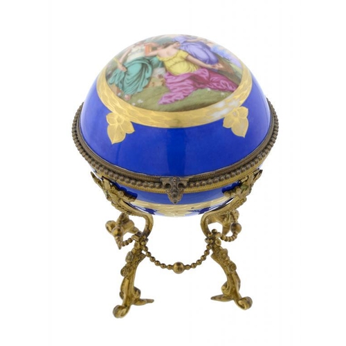 492 - A PALAIS ROYAL GILTMETAL MOUNTED PORCELAIN SPHERICAL SCENT CASKET, LATE 19TH C the hemispherical lid... 