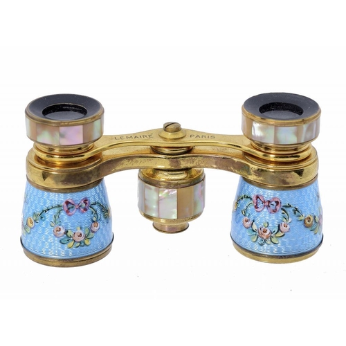 499 - A PAIR OF FRENCH GILTMETAL, ENAMEL AND MOTHER OF PEARL MOUNTED OPERA GLASSES, EARLY 20TH C engraved ... 