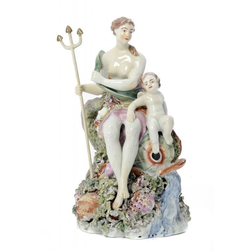 63 - A DERBY GROUP OF VENUS AND CUPID SEATED UPON A DOLPHIN, C1780 the high domed base encrusted with a p... 