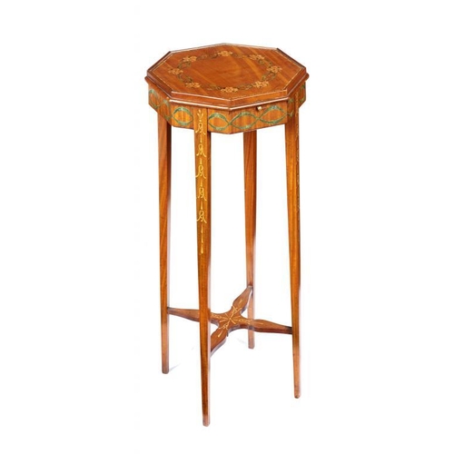 1000 - A 'SHERATON' OCTAGONAL PAINTED SATINWOOD URN STAND, EARLY 20TH C  the legs with pendant husks, 71cm ... 