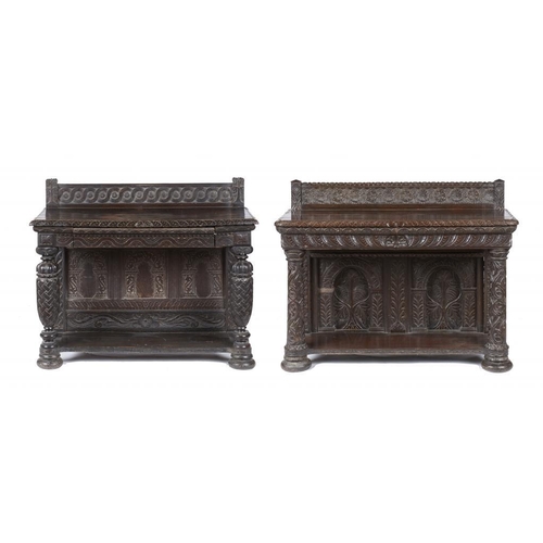 1010 - TWO SIMILAR VICTORIAN CARVED OAK 'ANTIQUARIAN' HALL TABLES, 19TH C INCORPORATING EARLIER ELEMENTS  1... 