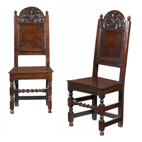 1011 - A PAIR OF CHARLES II OAK BACK STOOLS, LATE 19TH C  the breakarched back carved with stylised flowers... 